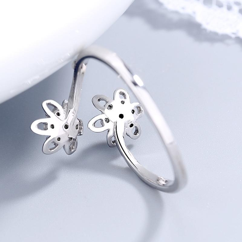 S925 Sterling Silver Korean Style Women's Diamond Lotus Ring All-Matching Fresh Flower Open Ring Silver Ring