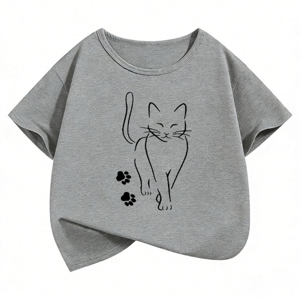 Cute Cat with Paw Kids Tshirts Summer Short Sleeve Tees Cartoon Boys Girls Clothes Kawaii Kitten Tops Y2K Children T-shirt