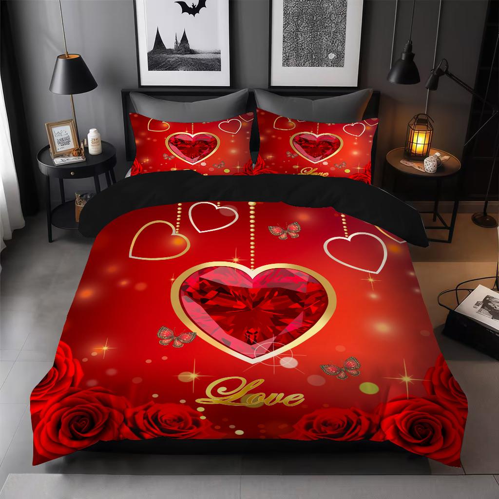 Red Festive Romantic Love Rose Digital Printing Retro Three-Piece Wedding Quilt Cover Bedding Couple