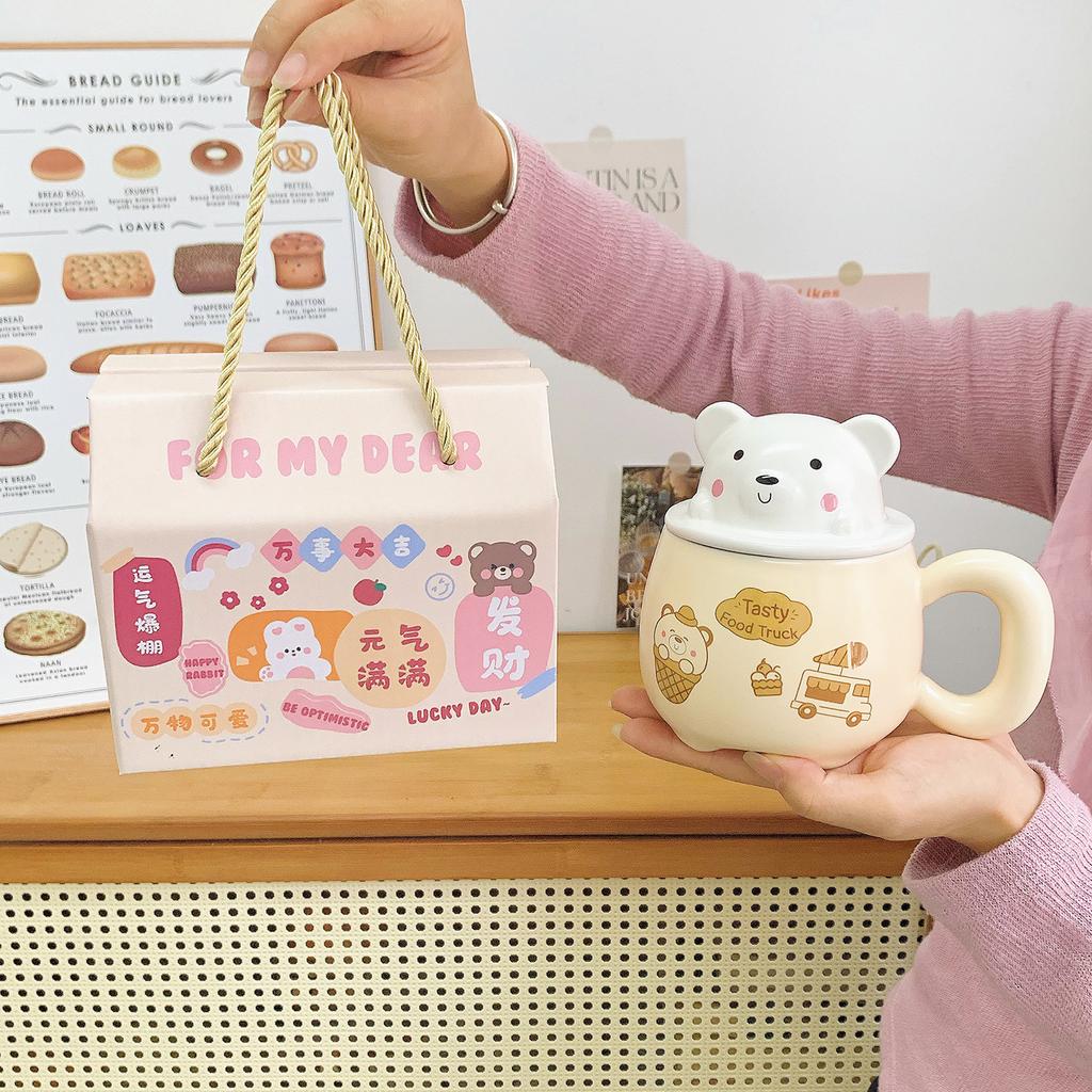 Mug with Lid Spoon Cute Little Bear Mug with Good Looks Girl with A Heart Drink Water Cup To Give Girls Birthday Gift