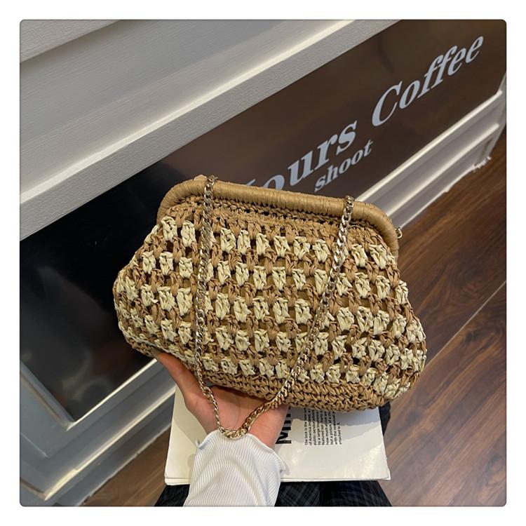 Woven Bag Women's 2025 New Fashion Versatile Clutch Bag High Value Hollow Contrasting Color Shoulder Bag Chain Messenger Bag