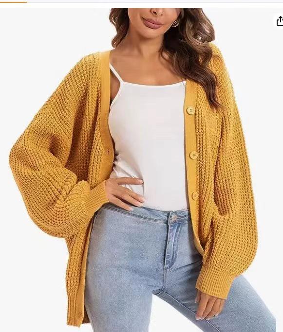Women's V-Neck Lantern Sleeve Knitted Cardigan Sweater Coat - Single-Breasted Lazy Style