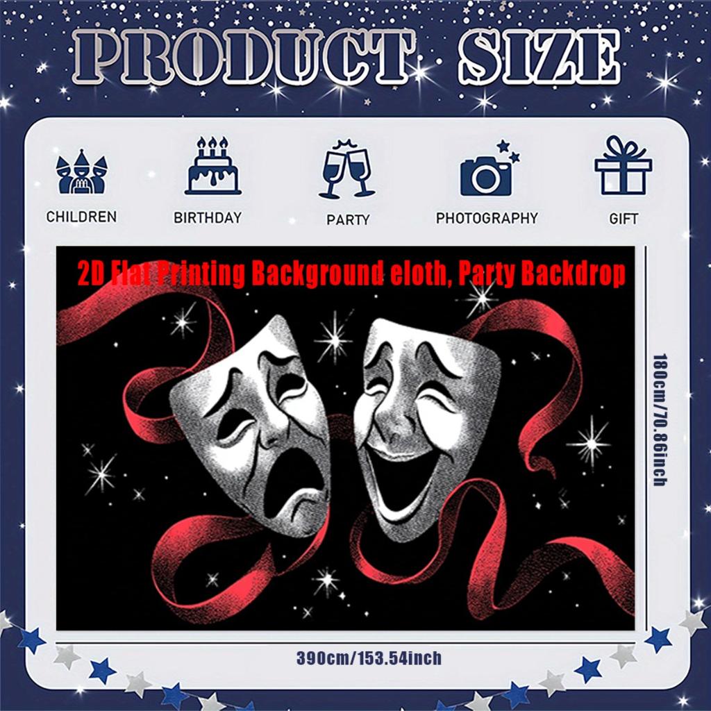 2D-Ebene einteiliger Theatermasken-Hintergrundstoff - Komödien- und Tragödien-Bühnenmasken rote Bänder und glänzende Sterne