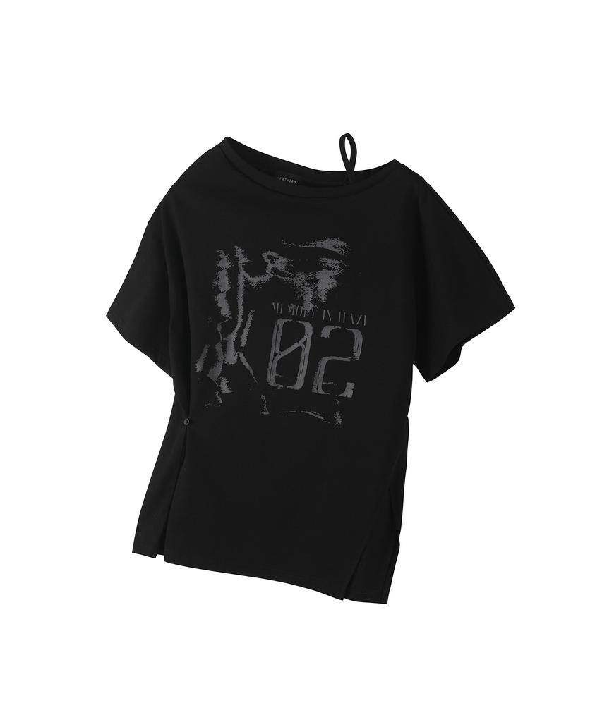 Ledeoli Vintage Slit One-Shoulder Short Sleeve T-Shirt [Black]