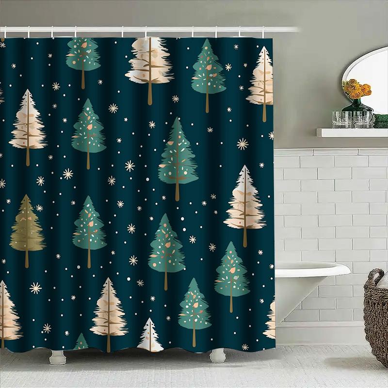 Modern Christmas Tree Shower Curtain Blue Floral Pattern With White Stars For Bathroom Decoration Waterproof Fabric Shower Panel