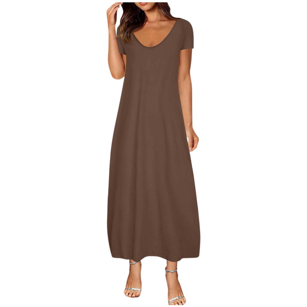 Women's Fashion Summer Spring Solid Color Print Short Sleeve O-Neck High Waist Casual Dresses