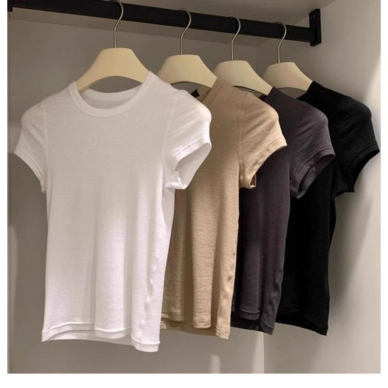 Unique Summer Short Sleeve Cotton T Shirt Women Slim Fit Solid Color Cropped Top Stylish Design