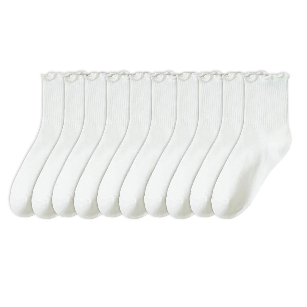 5 Pair Women Fashionable Ruffle Cuffs Crew Socks Cotton Blend Ribbed Knitted Stretchy Fit Comfortable Frilly Ankle Socks