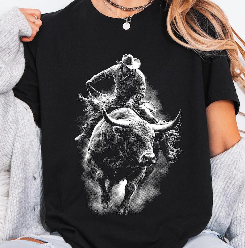 Rodeo Bull Rider Graphic Tee Cowboy Riding Bull Shirt Western T-Shirt M