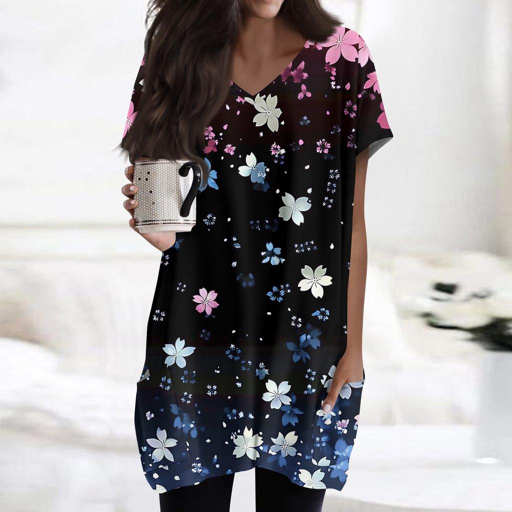 Topuri de damă cu decolteu în V Bluze cu mâneci scurte Cămăși ocazionale de lungime mijlocie Tunica cu imprimeu la modă Topuri cu buzunare