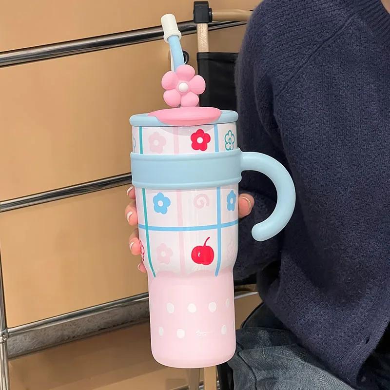 Large Capacity Tumbler with Handle Lid Straw Cute Cat Thermos Cup Stainless Steel Water Bottle Outdoor Travel Coffee Mug Gift