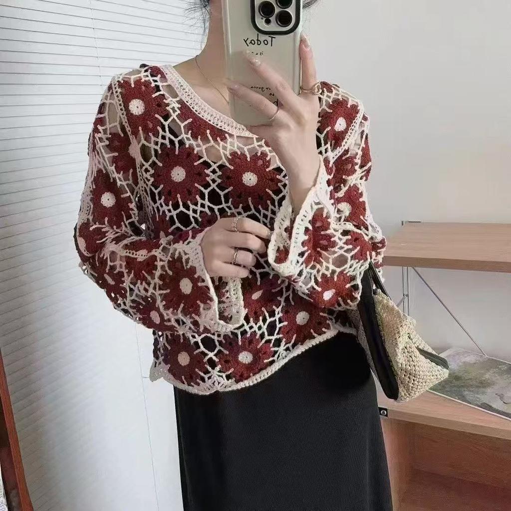 Hollow Out Knitted Shirt for Women Early Autumn New Style Large Size Slim Hollow Top