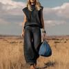 Women's High Neck Sleeveless Loose Denim Top High Waist Wide Leg Denim Pants 2 Piece Outfit Casual Daily Vintage Jean Pant Set