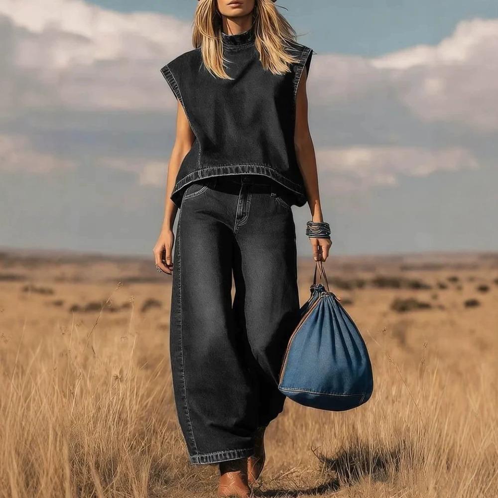 Women's High Neck Sleeveless Loose Denim Top High Waist Wide Leg Denim Pants 2 Piece Outfit Casual Daily Vintage Jean Pant Set