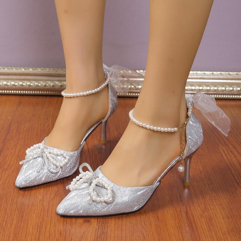 Spring New Pointed High Heels Women's Stiletto Silver Sequin Pearl Bow
