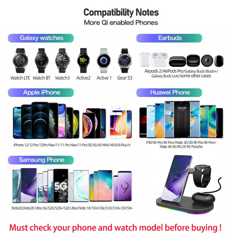 Suport de încărcare fără fir 3 în 1 cu lumină LED inteligentă Stație de andocare de încărcare rapidă de 15 W pentru iPhone Samsung S22 S21 Galaxy Watch 5 4 Buds Pro