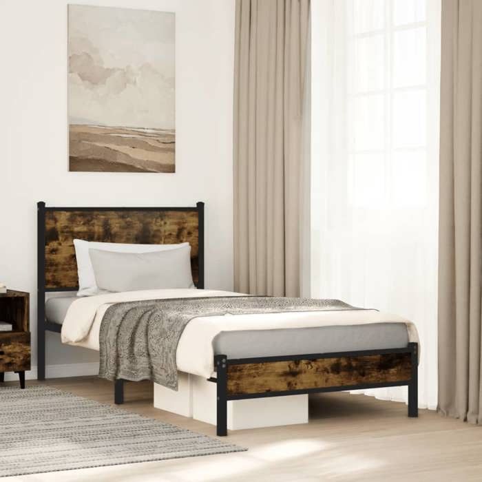 VidaXL Metal Bed Frames with Smoked Oak Headboard 80x200 Cm, Single Bed, Bedroom Furniture, Guest Bed, 4007805