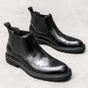British Style Men's Brogue Detailing Chelsea Boots High Top Business Casual Leather Black Work Boots