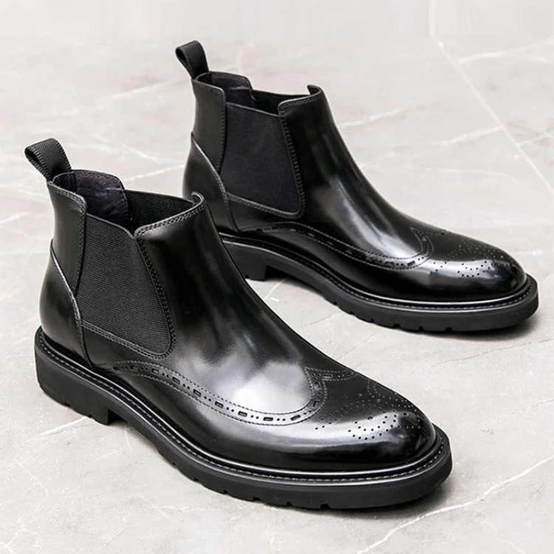 British Style Men's Brogue Detailing Chelsea Boots High Top Business Casual Leather Black Work Boots