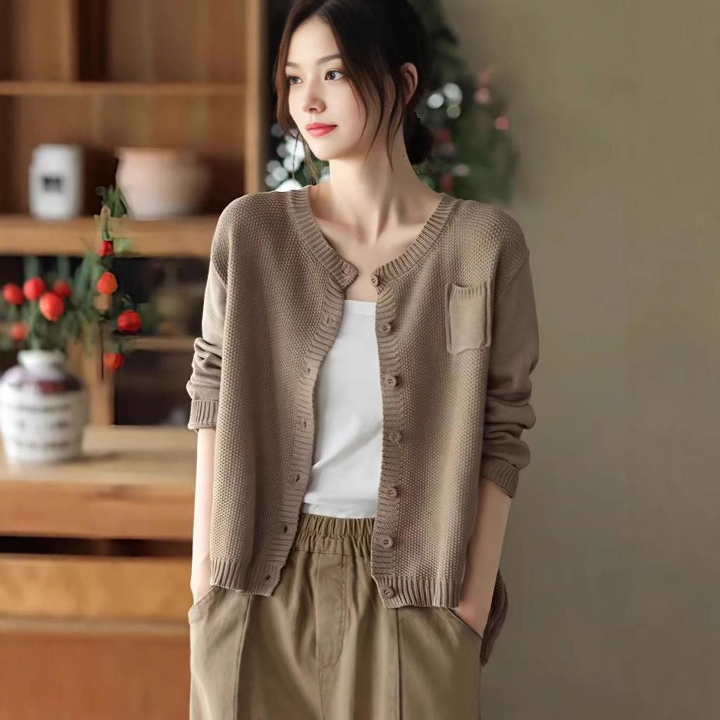 Damski kardigan dziergany w stylu koreańskim: Wiosna 2025 Luźny Top Wyszczuplający z Okrągłym Dekoltem