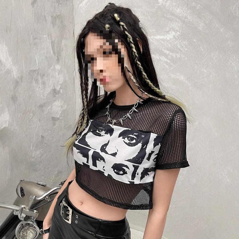 Y2K Summer Hollow Splicing Printed Mesh Cover Shirt Short T-shirt