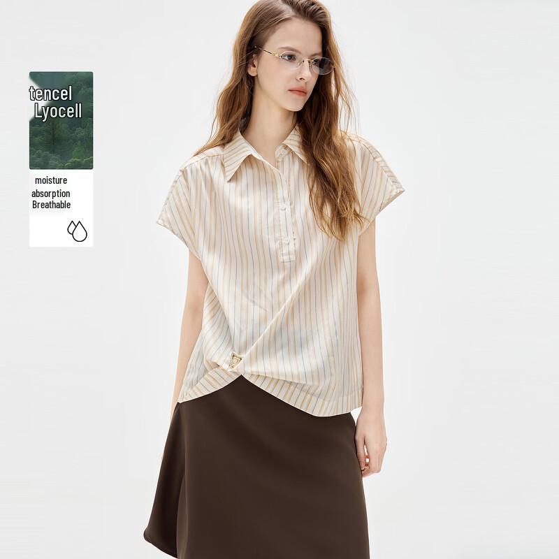 ELLE Women s Khaki Striped Short-Sleeve Tencel Shirt XL хаки
