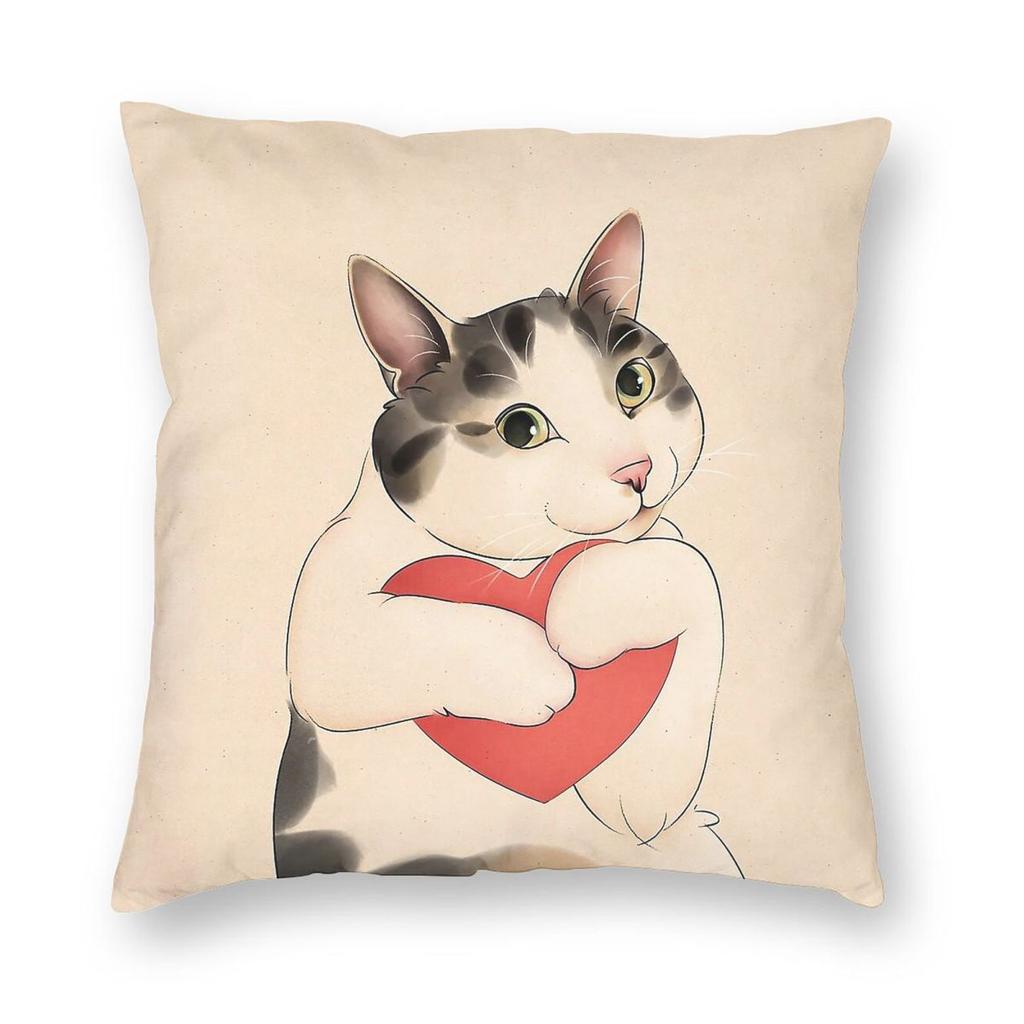 Cat Valentine Holding Heart Square Pillowcase Polyester Linen Velvet Printed Zip Decorative Home