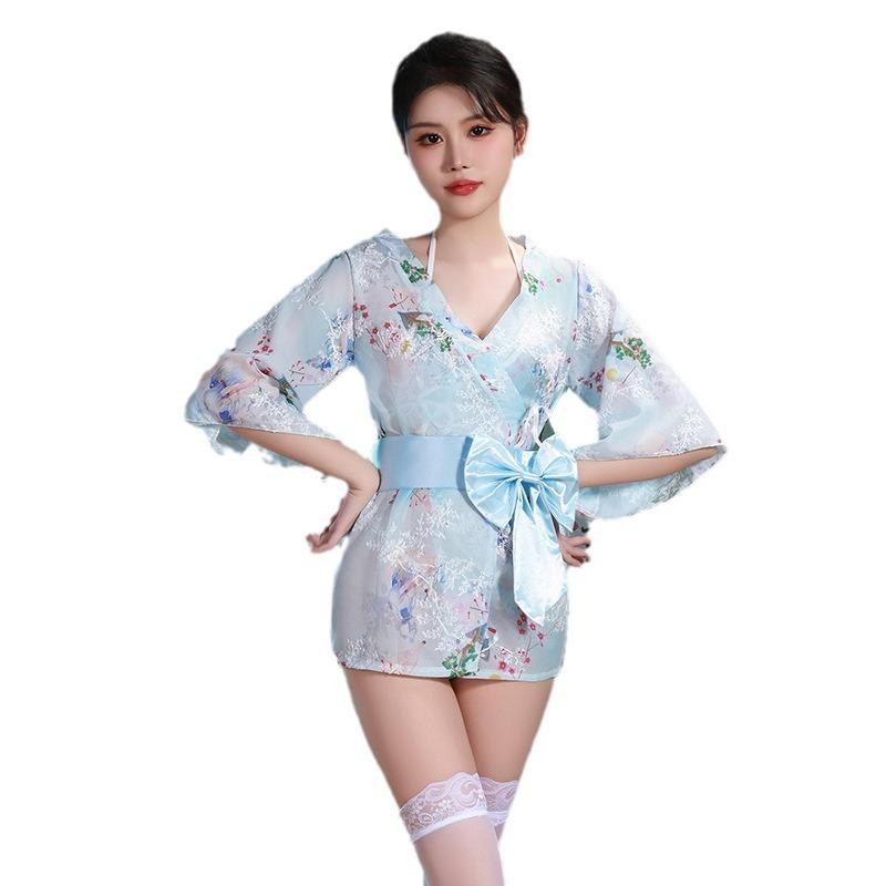 Sexy Underwear Japanese Sexy Cardigan Three-point Pajamas Large Size Kimono Set Sweet Bow Perspective