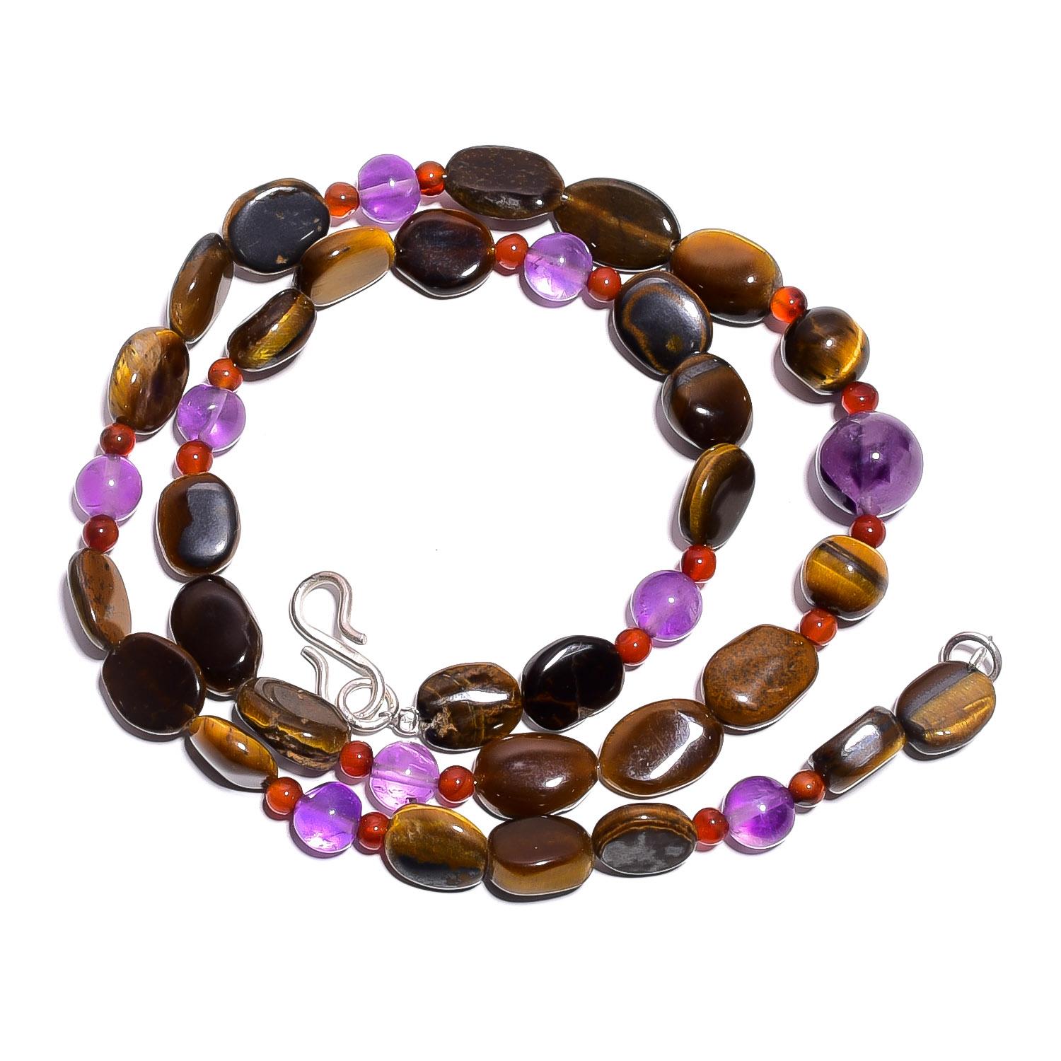 

Natural Tiger Eye Amethyst Gemstone Mix Shape Smooth Beads Necklace 17 UB-4691 UB-4691