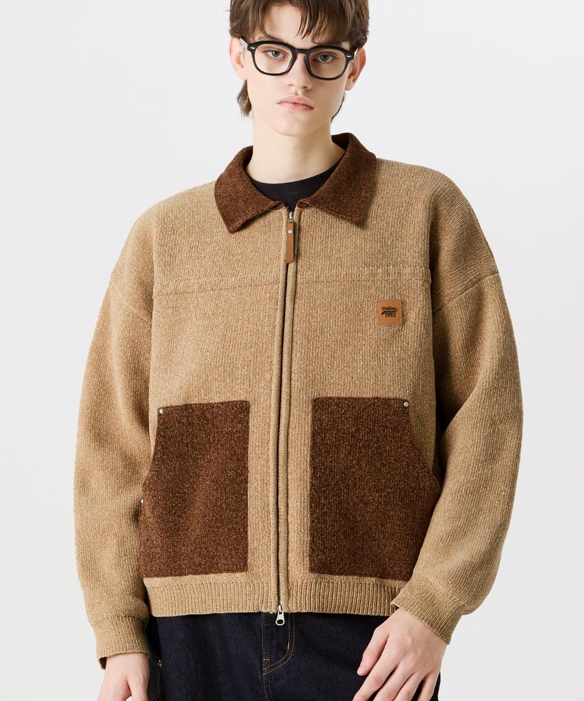 TRILLION Color Work Collar Zip-Up Knit Jacket [Beige]