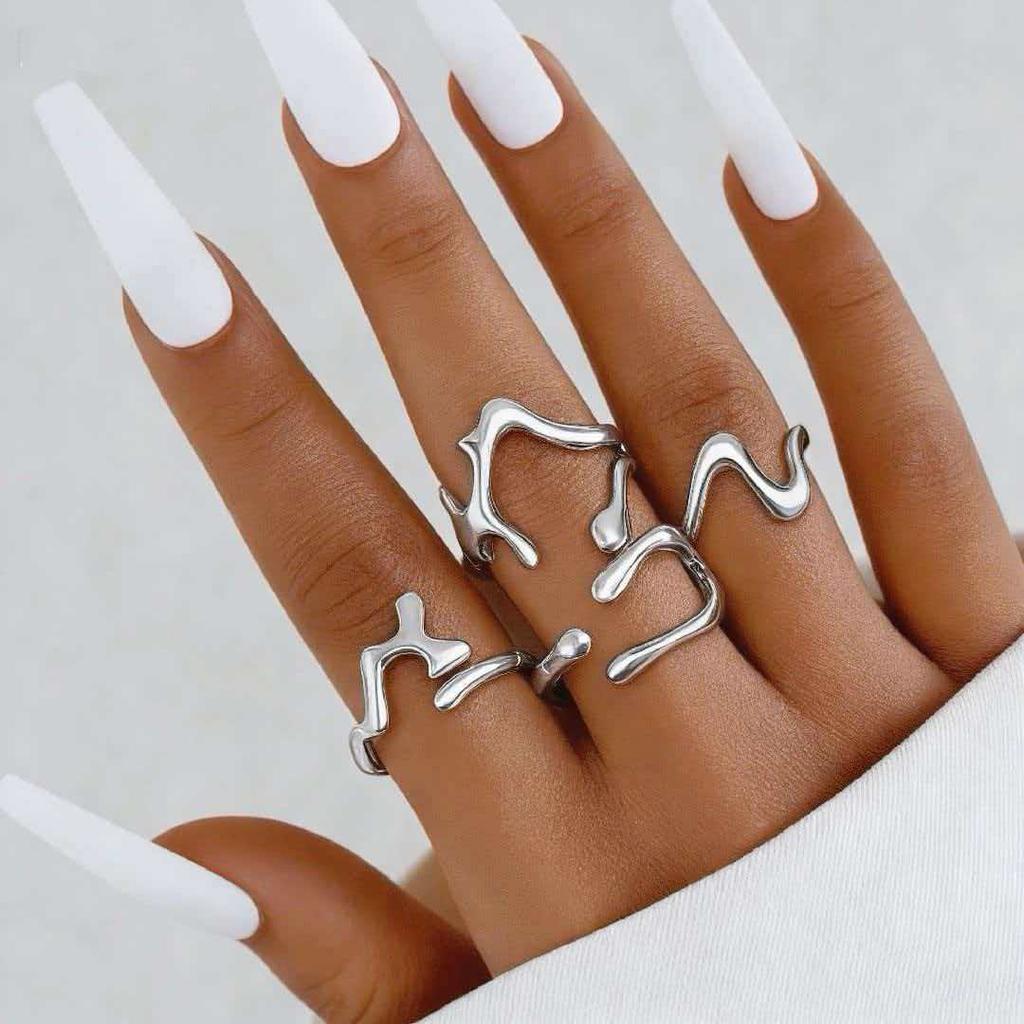 4Pcs/Set Vintage Gold Color Irregular Moon Rings for Women Men Punk Geometric Metal Adjustable Opening Rings Set Jewelry Gifts