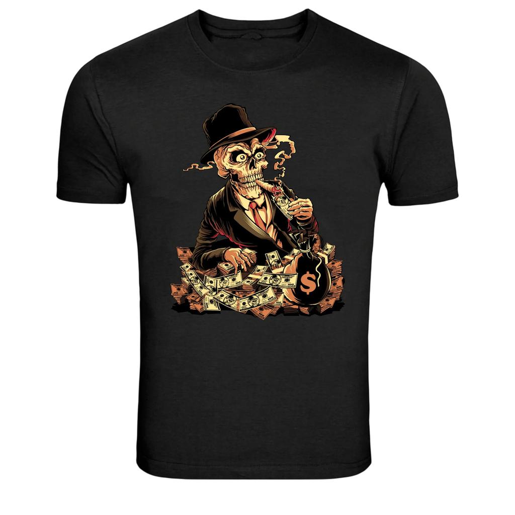 Smoking Skeleton Gangster Money Mafia Graphic T-Shirt