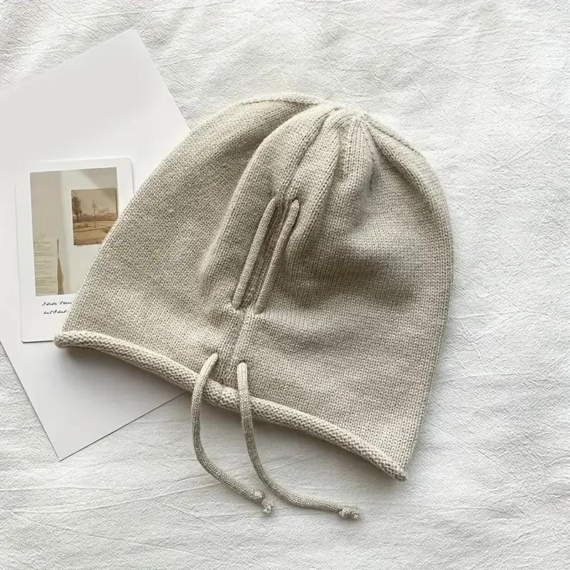 Pop Stil Show Gesicht Kleiner Stapelhut Kordelzug Baggy Slouchy Beanie Damen Herbst Ohrwärmer Skullies Mütze Einfarbige Strickmütze