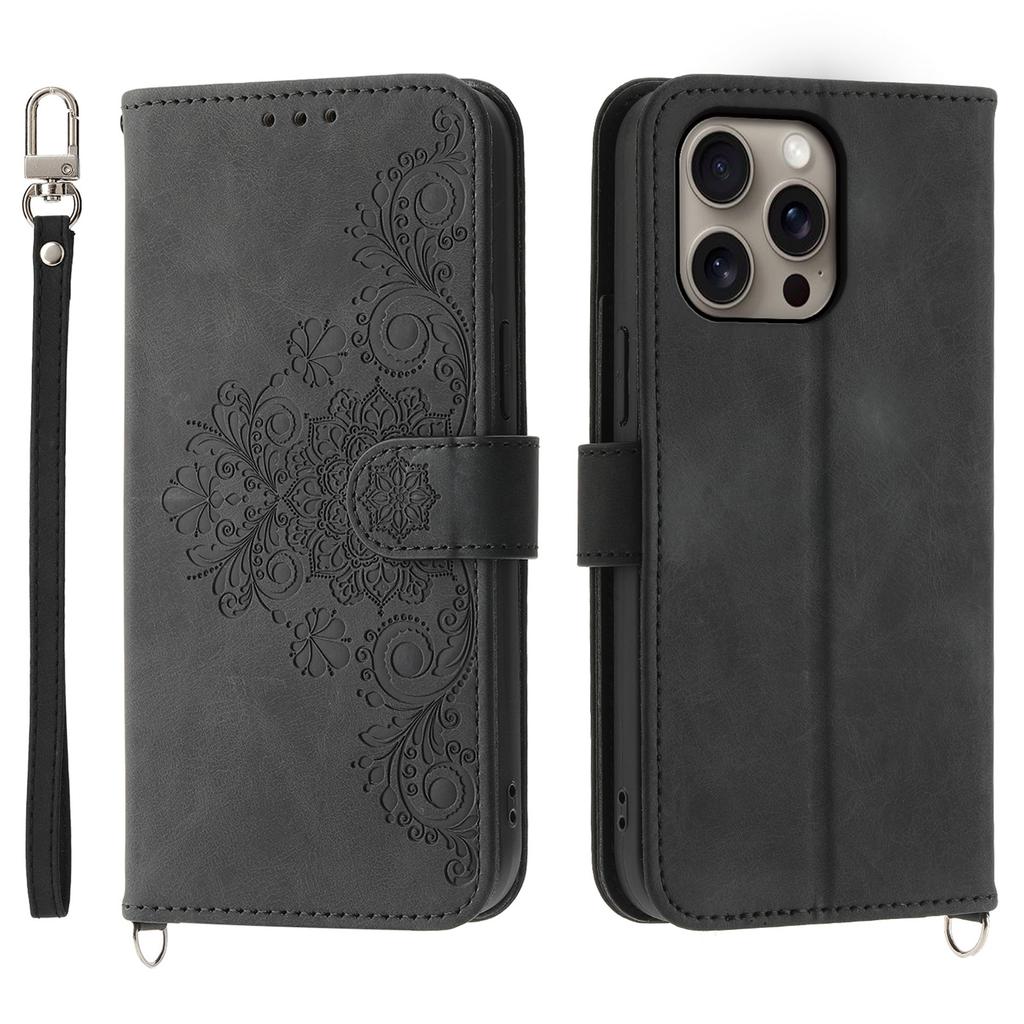 For iPhone 16 Pro Max Leather Case Multiple Card Slots Phone Cover with 2 Straps