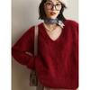Autumn Winter V-neck Solid Color Bottomed Knitting Top Women Casual Fashion Faux Mink Fur Pullover Sweater