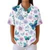 Women's Casual Short Sleeve Floral Print Waffle Knit Polo Shirt Relaxed Fit Button Down Collar Top for Everyday Wear