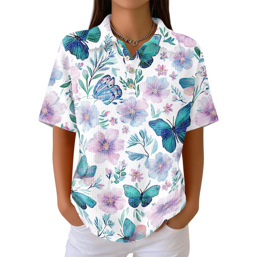 Women's Casual Short Sleeve Floral Print Waffle Knit Polo Shirt Relaxed Fit Button Down Collar Top for Everyday Wear