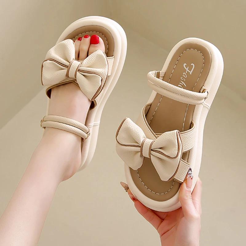 

Fashion Casual Bow Knot Platform Sandals Women All-Match Back Strap Thick Bottom Sandalias New Outwear Beach Pu Leather Sandals Mujer 35 бежевый