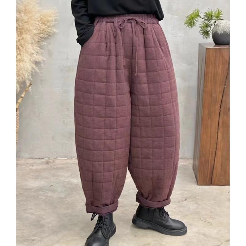 Johnature Woman Winter Vintage Solid Color Harem Pants Elasticated Waist Chinese Style Loose Pants