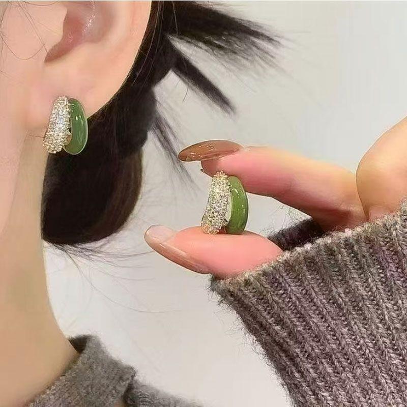 Luxury Green Drip Glaze Copper Earrings with Micro-Set Diamonds