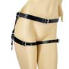 A Black Pu Leather Waist And Thigh Strap With Circular Ring Accents, Featuring An Adjustable Harness Design. Embodying A Sexy Go