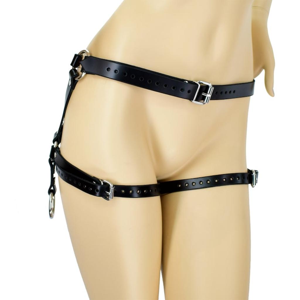 A Black Pu Leather Waist And Thigh Strap With Circular Ring Accents, Featuring An Adjustable Harness Design. Embodying A Sexy Go