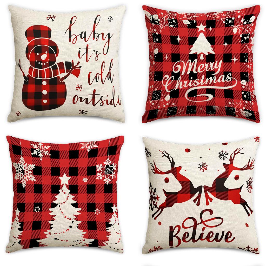 4Pcs Christmas Pillow Cover,Sofa Decorative Pillowcase,Snowman Christmas Tree Decorative Cushion Cover(Without Pillow Core)