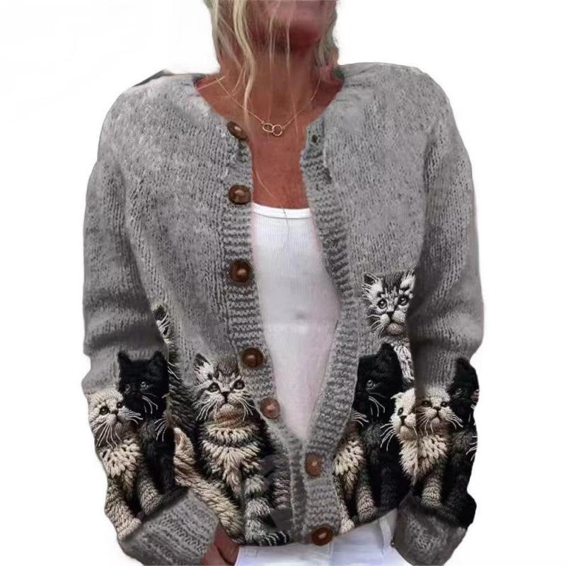 Cardigan Tricot Femme Col Rond Boutonnage Simple Imprimé Floral Manches Longues Vêtement d'Extérieur Décontracté