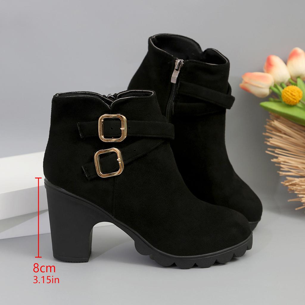 Fashion Large Size Martin Boots Women's Retro Chubby Heel Belt Buckle Fashion Boots Round Head High Heel Short Boots
