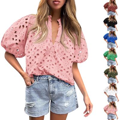 Women's Summer New Fashion Casual Puffed Sleeve V-neck Button Hollow Lace Shirt