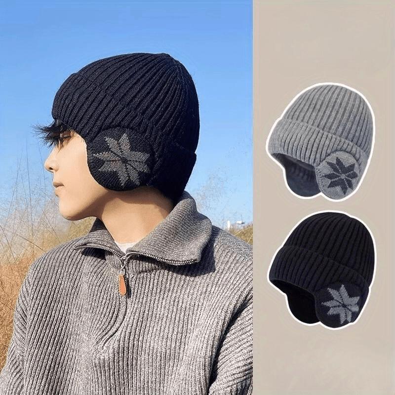 Unisex Winter Knit Hat with Detachable Ear Flaps Windproof Warm Snowflake Pattern Beanie