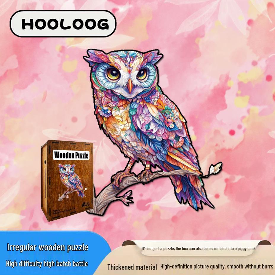 HOOLOOG Original Diamond Owl Wooden Puzzle Toy & Art Decompression Money Box