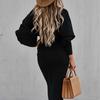 O-Neck Waist Tight Bodycorn Dress High Waist Elegant Long Lantern Sleeve Office Dress Female Clothing