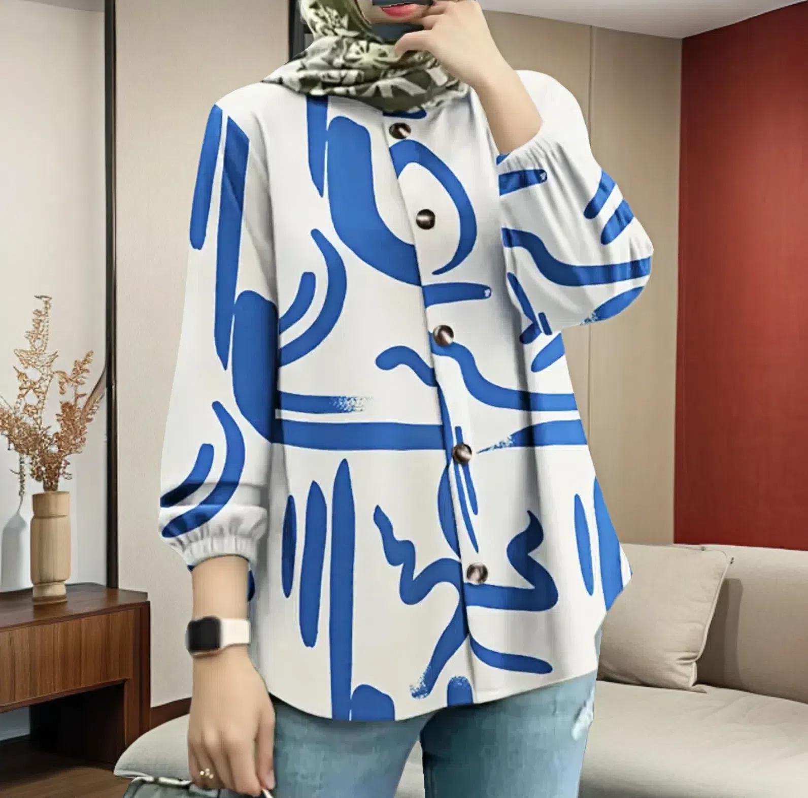 

New Arrival: Plus Size Women s Puff Sleeve Print Button Shirt M синий